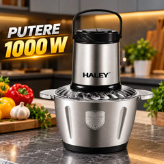 Tocător de alimente HALEY HY-1227, 1000 W, capacitate 3 L, 4 lame, 2 viteze, corp din oțel inoxidabil