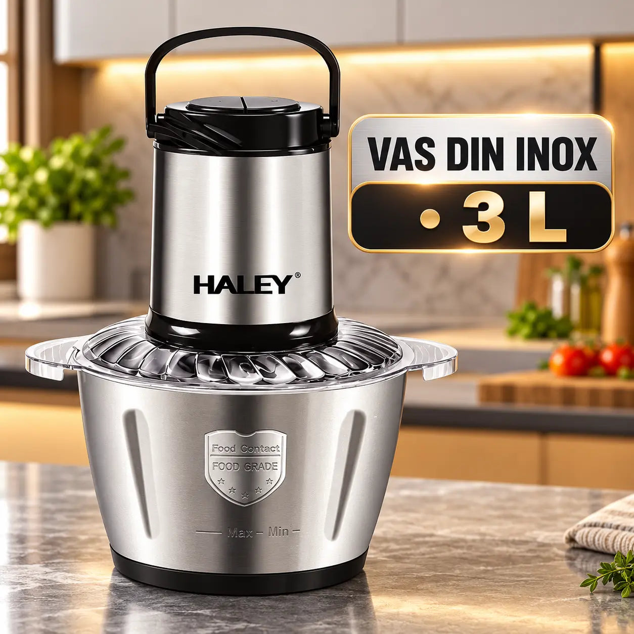 Tocător de alimente HALEY HY-1227, 1000 W, capacitate 3 L, 4 lame, 2 viteze, corp din oțel inoxidabil