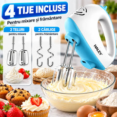 Mixer de Mână Haley 500W, 7 Trepte Viteză, Alb/Albastru, Silențios, Accesorii Incluse
