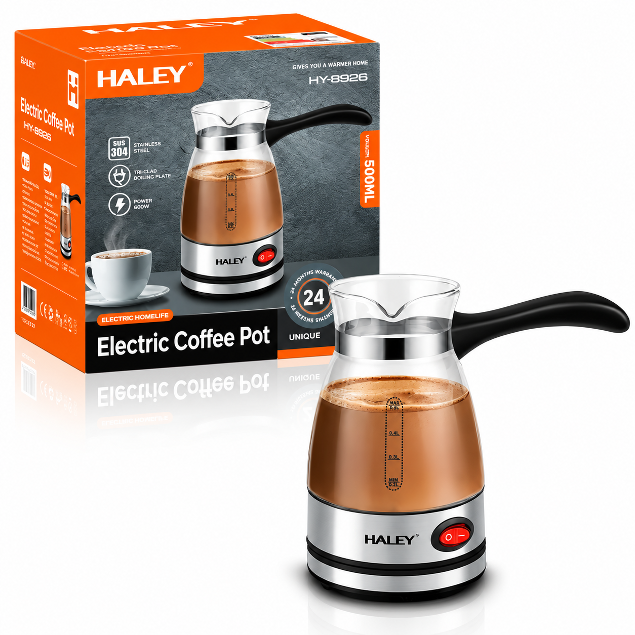 Ibric Electric HALEY® HY-8926, 600W, Capacitate 500 ml, Protecție Boil-Dry, Bază Rotativă 360°