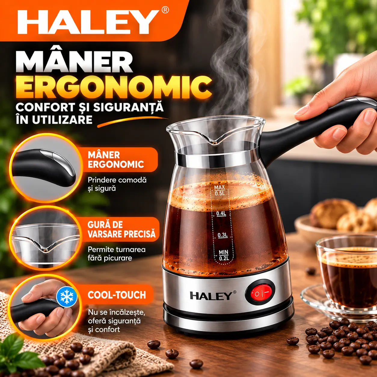 Ibric Electric HALEY® HY-8926, 600W, Capacitate 500 ml, Protecție Boil-Dry, Bază Rotativă 360°