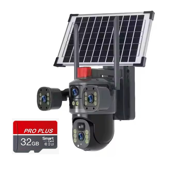 Cameră Supraveghere Solară cu 4 Camere AT PERFORMANCE® – 4K UltraHD, 4G SIM, Detecție Mișcare, Viziune Nocturnă 360°  Această cameră de supraveghe + Cadou Card SD 32GB