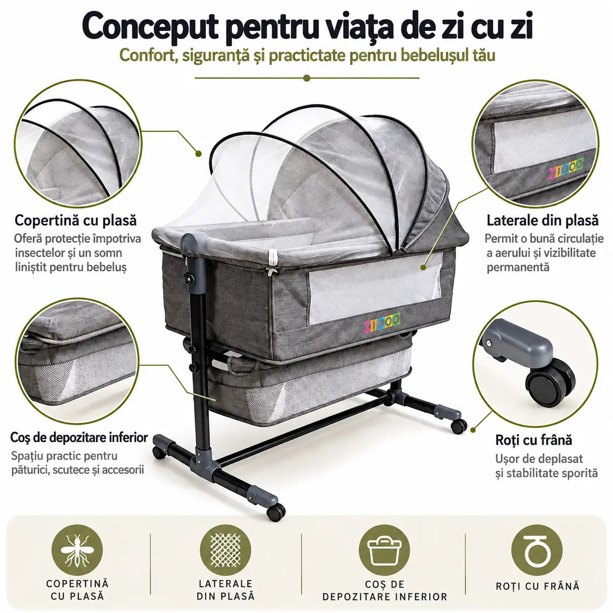 Pătuț Reglabil și Portabil 6 în 1 KIDOO® pentru Bebe – Saltea, Plasă Anti-Țânțari și Coș de Depozitare