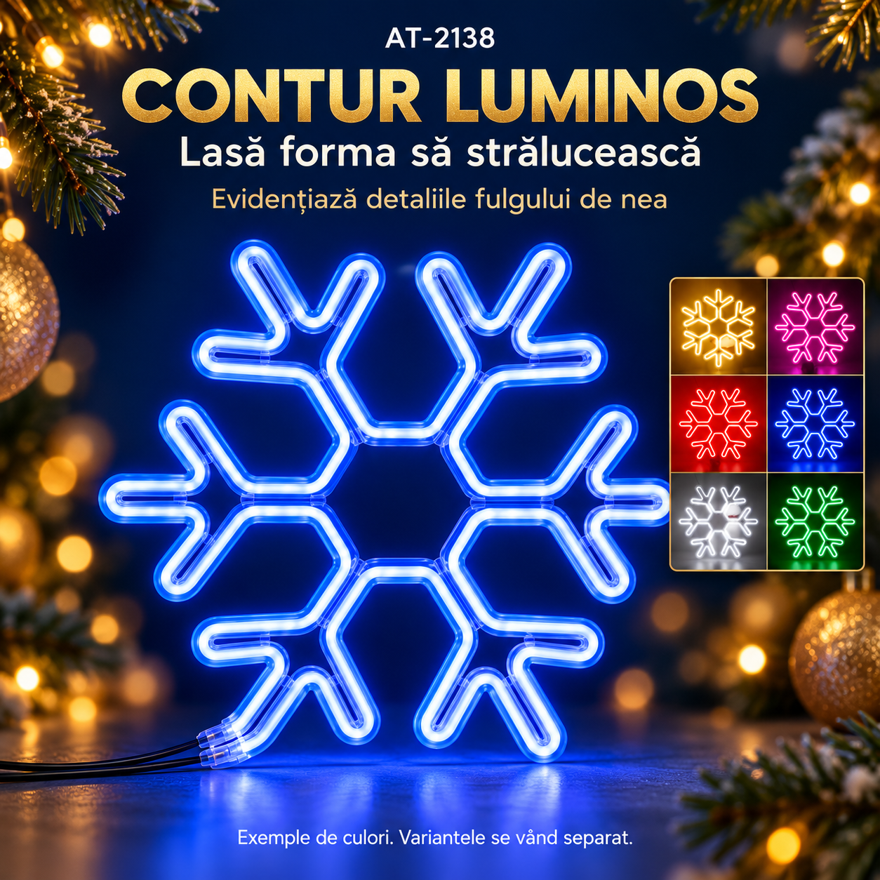 Decorațiune luminoasă de Crăciun AT-2138, fulg de nea, 40 cm, albastru sau multicolor