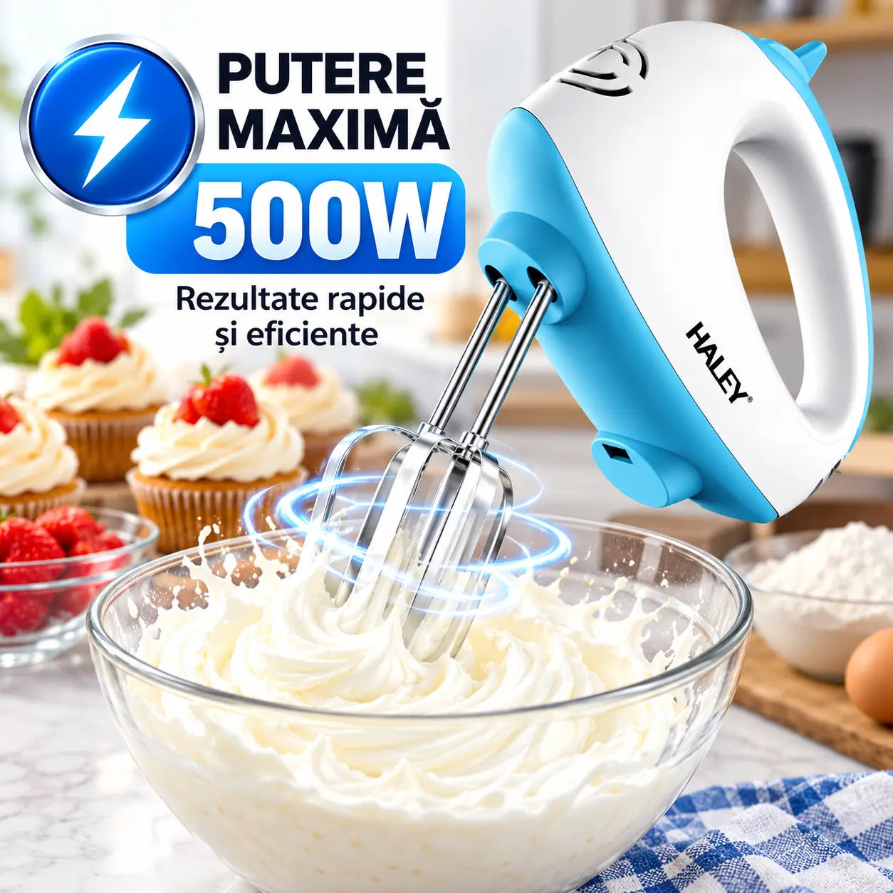 Mixer de Mână Haley 500W, 7 Trepte Viteză, Alb/Albastru, Silențios, Accesorii Incluse