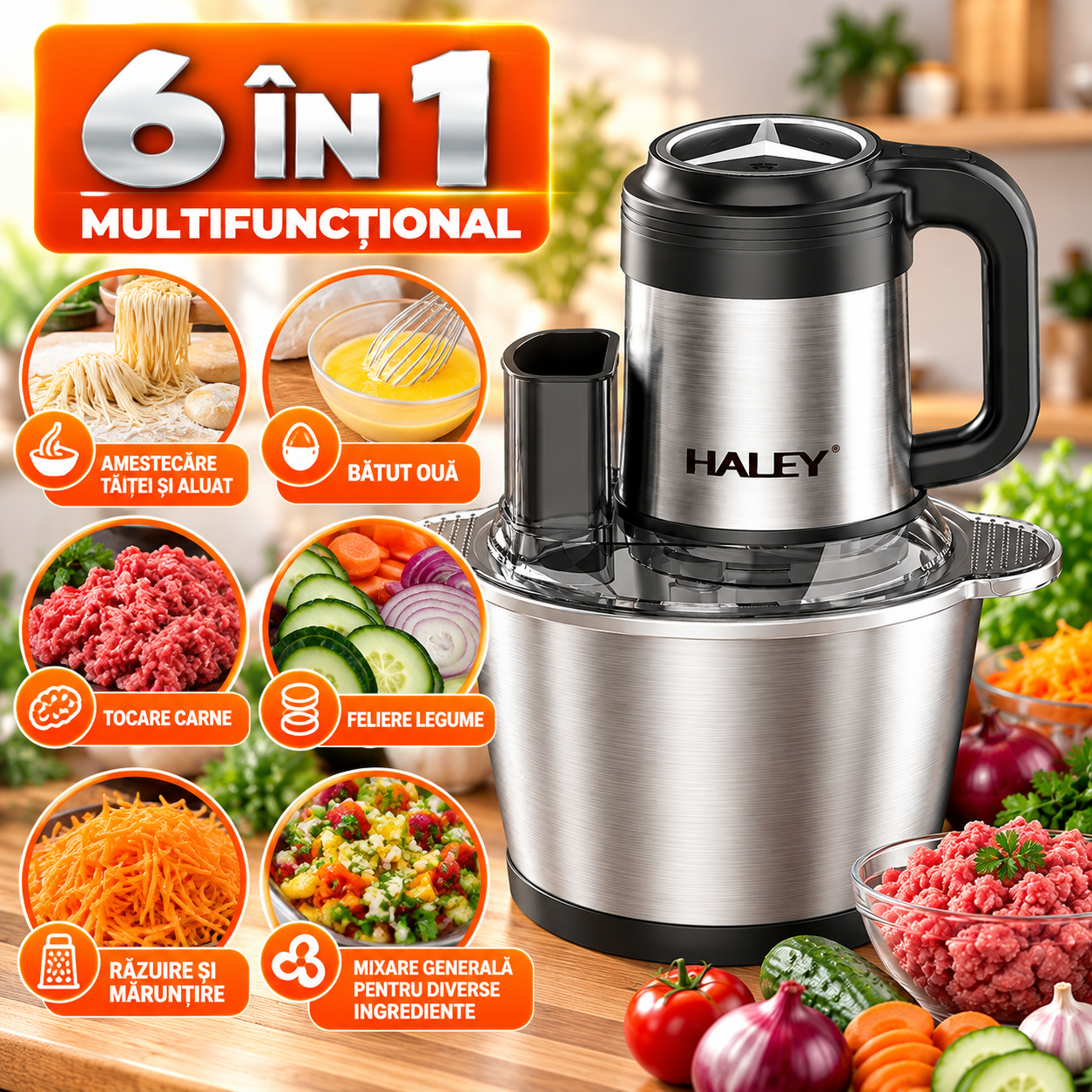 Tocător Electric Multifuncțional HALEY HY-1244 – Putere de 1200W și vas de 3.5L din inox pentru tocare rapidă și versatilă