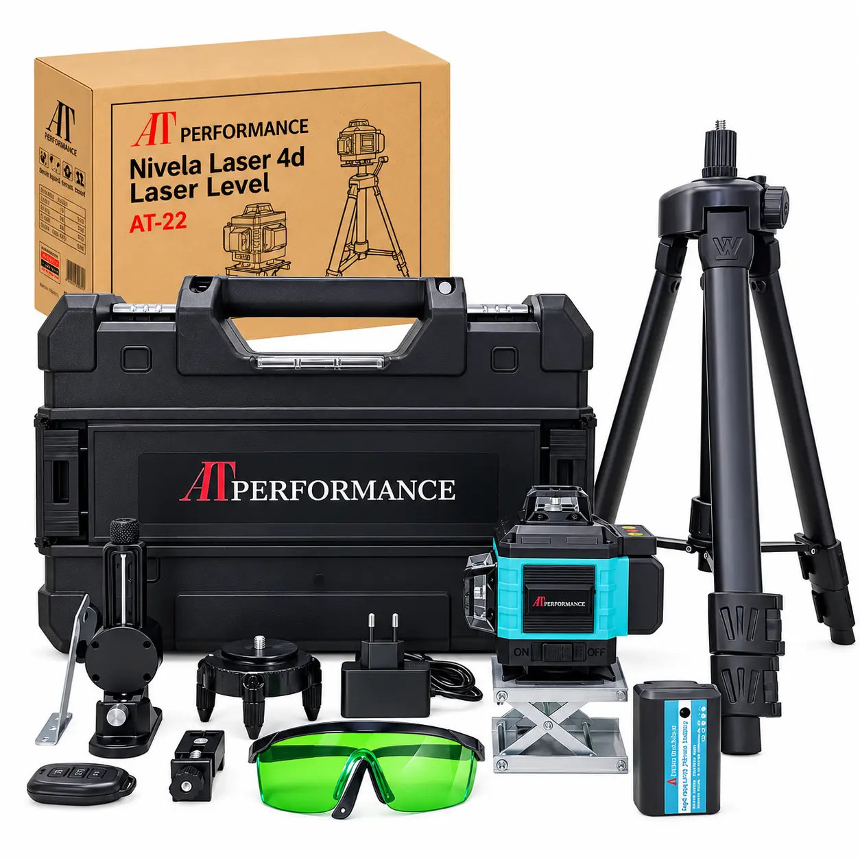 Nivel laser 4D cu 16 linii, AT PERFORMANCE®, 360°, Platforma de ridicare, cu autonivelare, Telecomanda, Lumina verde, Trepied 95 cm