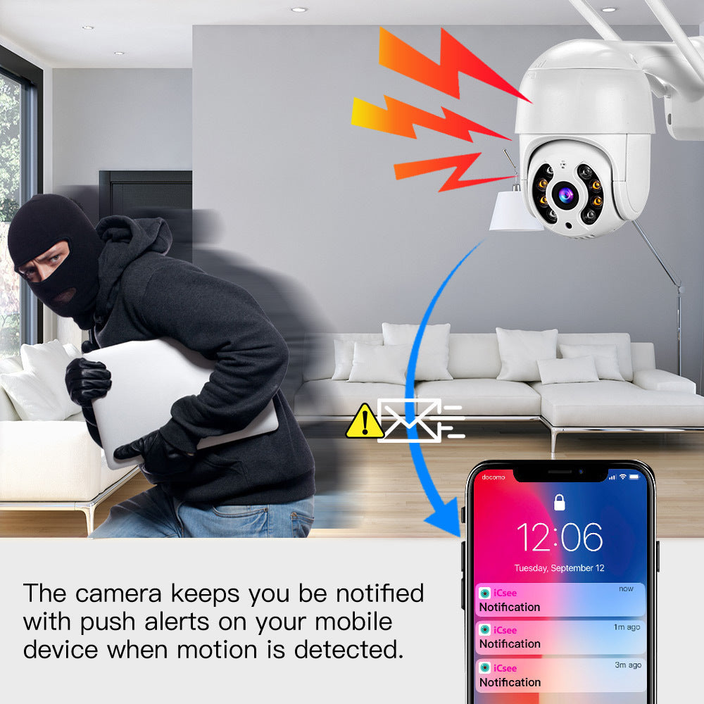 Camera de Supraveghere WIFI, AT PERFORMANCE®, 5MP, Exterior/Interior, Ultra HD 4K, 10X Zoom, Rotire 360°, Leduri Lumina, URMĂRIRE, Vedere Nocturna, Alarma.