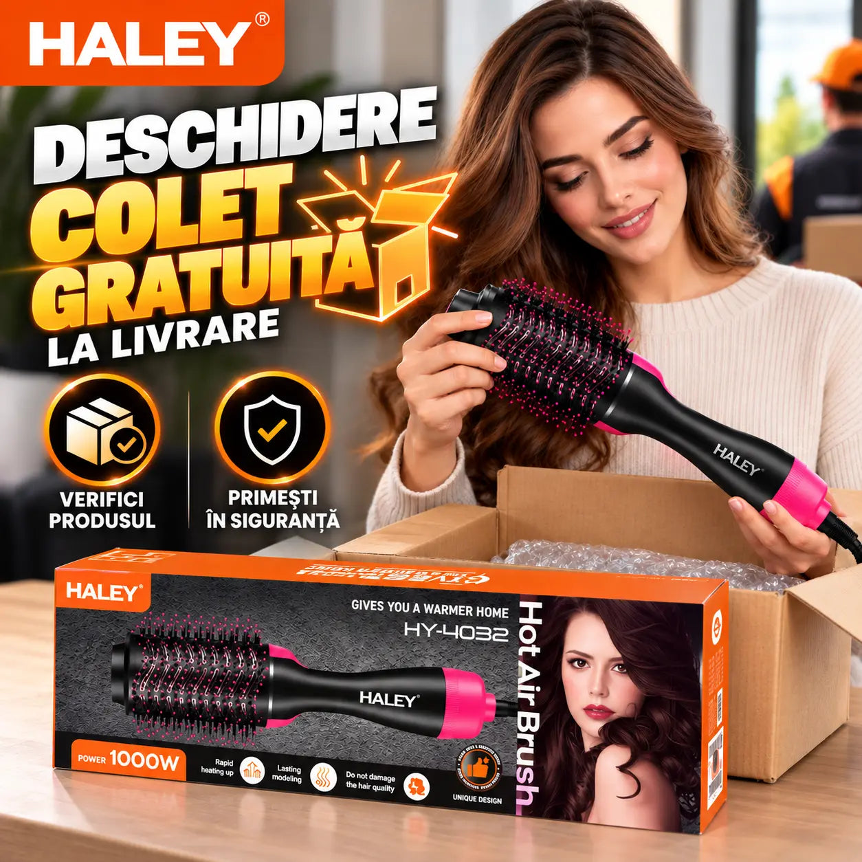 Perie Electrică cu Aer Cald HALEY HY-4032, 1000W, Încălzire Rapidă, Modelare de Lungă Durată, Hot Air Brush