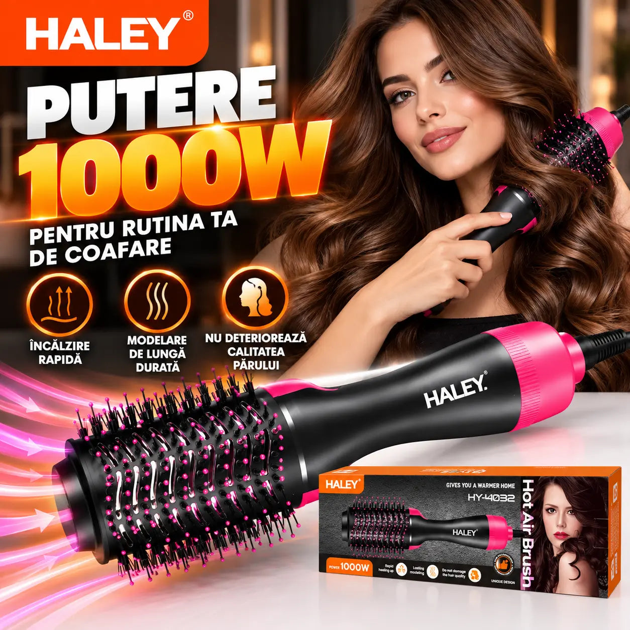 Perie Electrică cu Aer Cald HALEY HY-4032, 1000W, Încălzire Rapidă, Modelare de Lungă Durată, Hot Air Brush