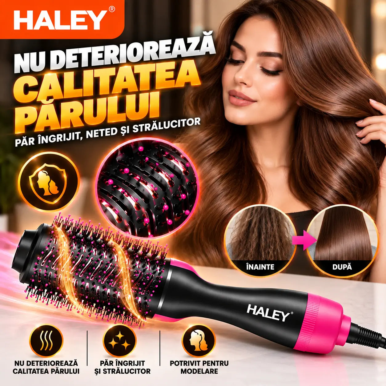 Perie Electrică cu Aer Cald HALEY HY-4032, 1000W, Încălzire Rapidă, Modelare de Lungă Durată, Hot Air Brush