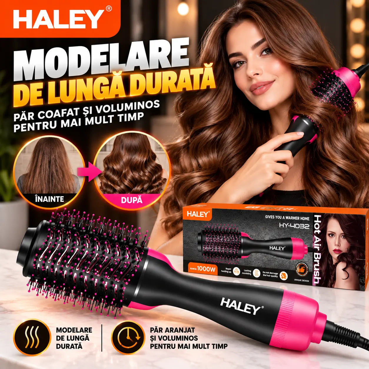 Perie Electrică cu Aer Cald HALEY HY-4032, 1000W, Încălzire Rapidă, Modelare de Lungă Durată, Hot Air Brush