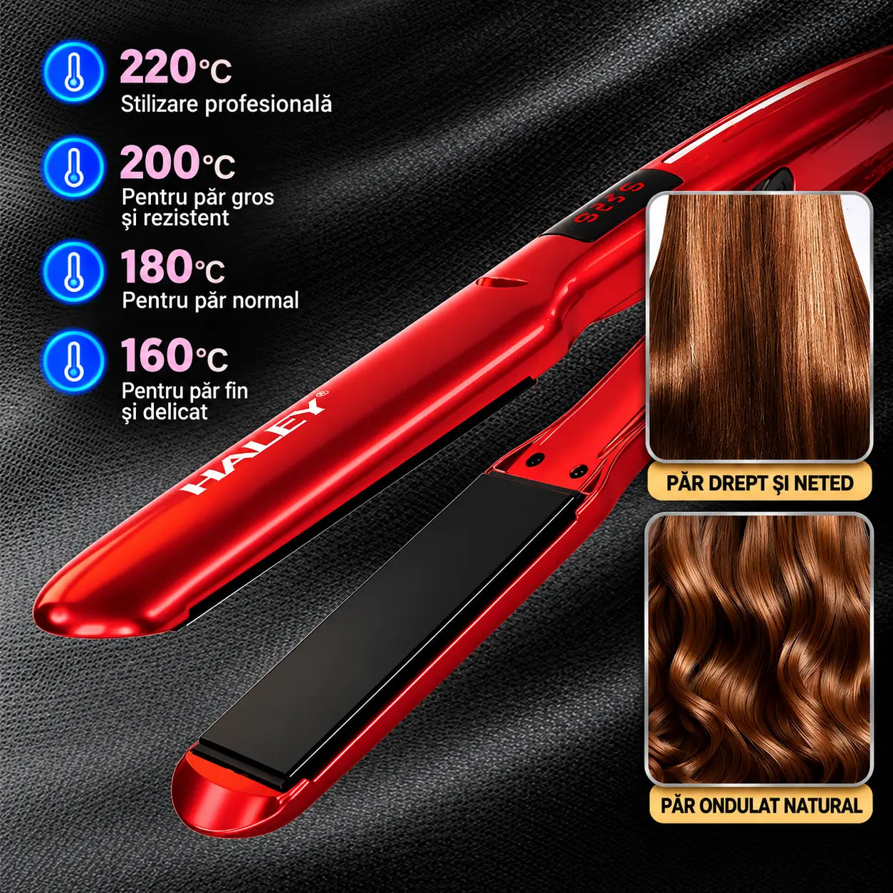 Placă de Îndreptat Părul HALEY HY-3022, 60W, Încălzire Rapidă, Modelare de Lungă Durată, Nu se Lipește de Păr, Hair Straightener, Roșu