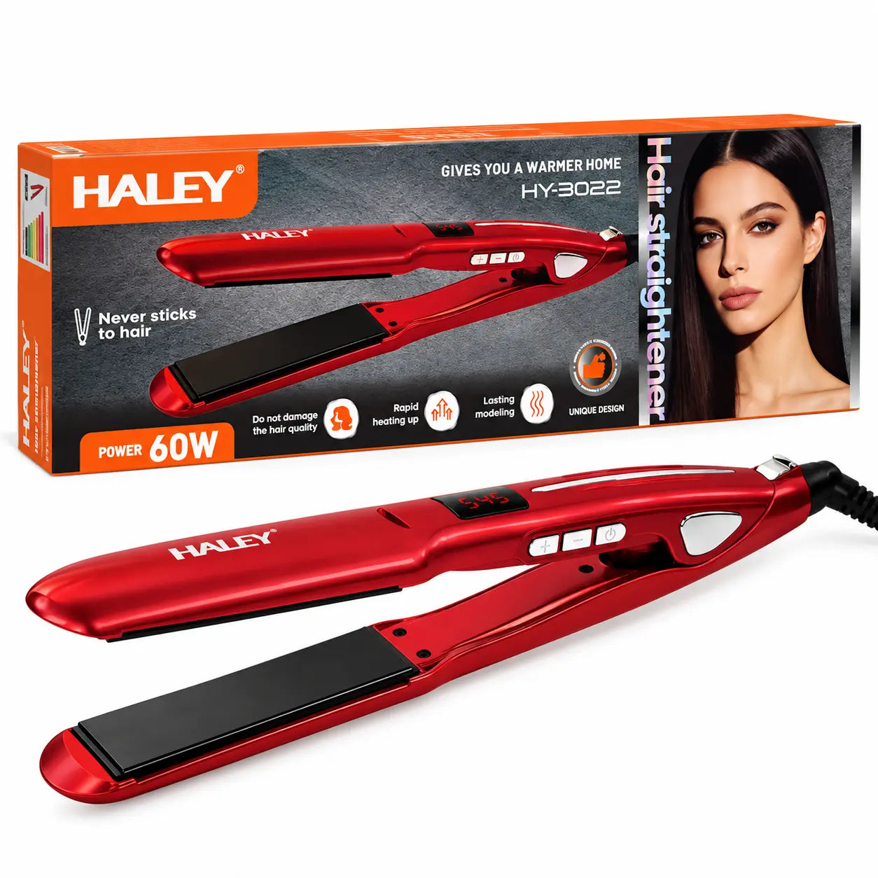 Placă de Îndreptat Părul HALEY HY-3022, 60W, Încălzire Rapidă, Modelare de Lungă Durată, Nu se Lipește de Păr, Hair Straightener, Roșu