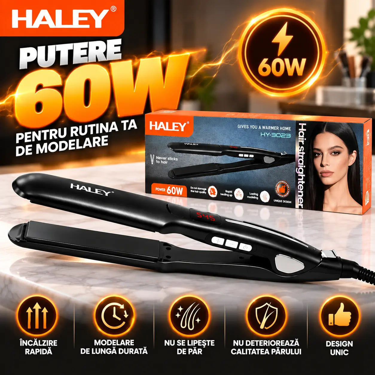 Placă de Îndreptat Părul HALEY HY-3023, 60W, Încălzire Rapidă, Modelare de Lungă Durată, Design Unic, Hair Straightener