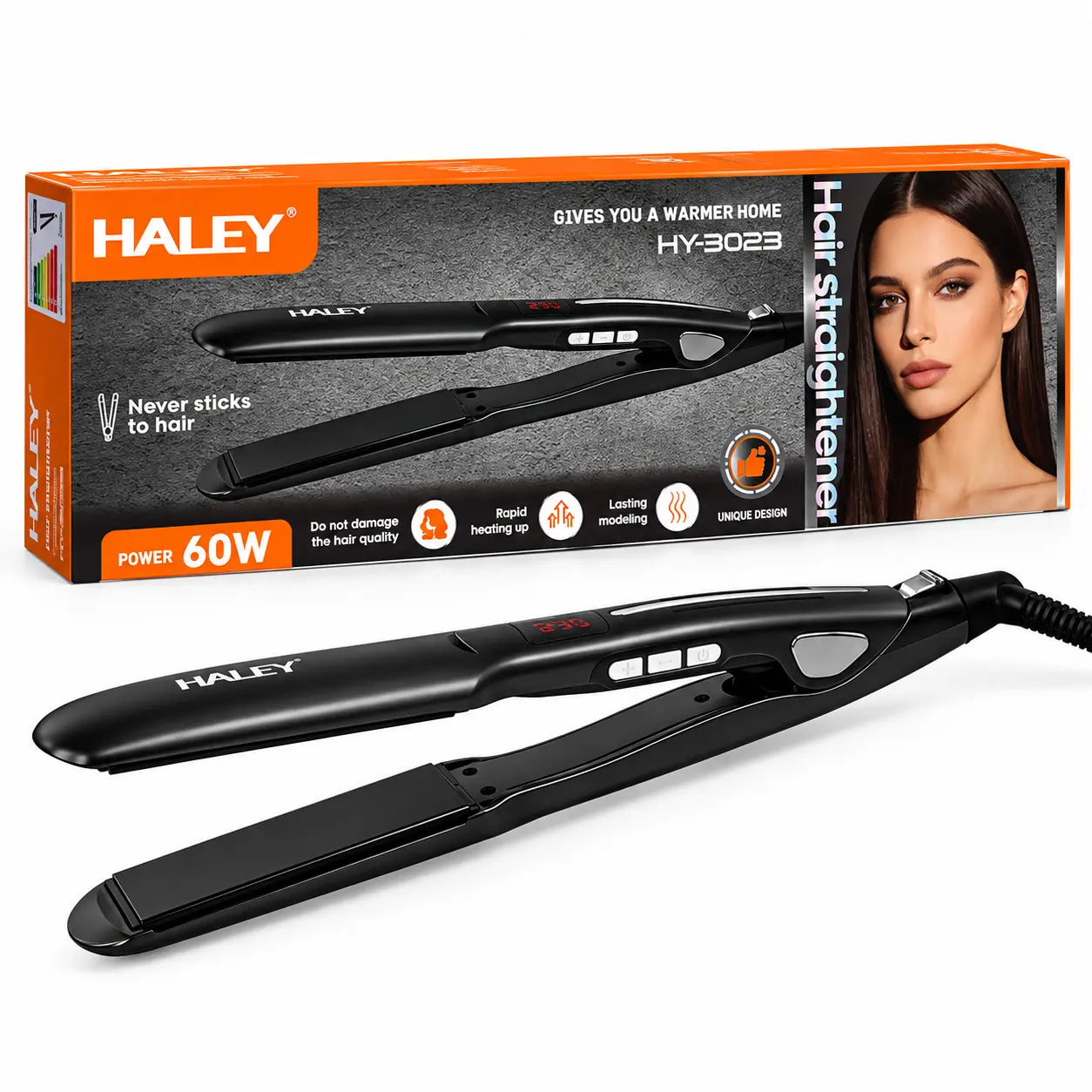 Placă de Îndreptat Părul HALEY HY-3023, 60W, Încălzire Rapidă, Modelare de Lungă Durată, Design Unic, Hair Straightener