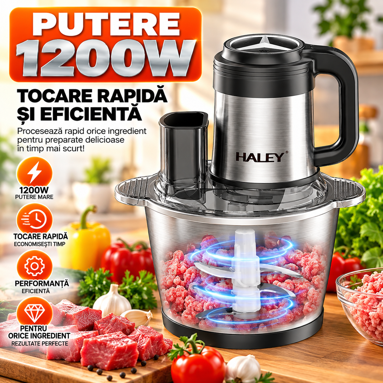 Tocător Electric Multifuncțional HALEY HY-1244 – Putere de 1200W și vas de 3.5L din inox pentru tocare rapidă și versatilă