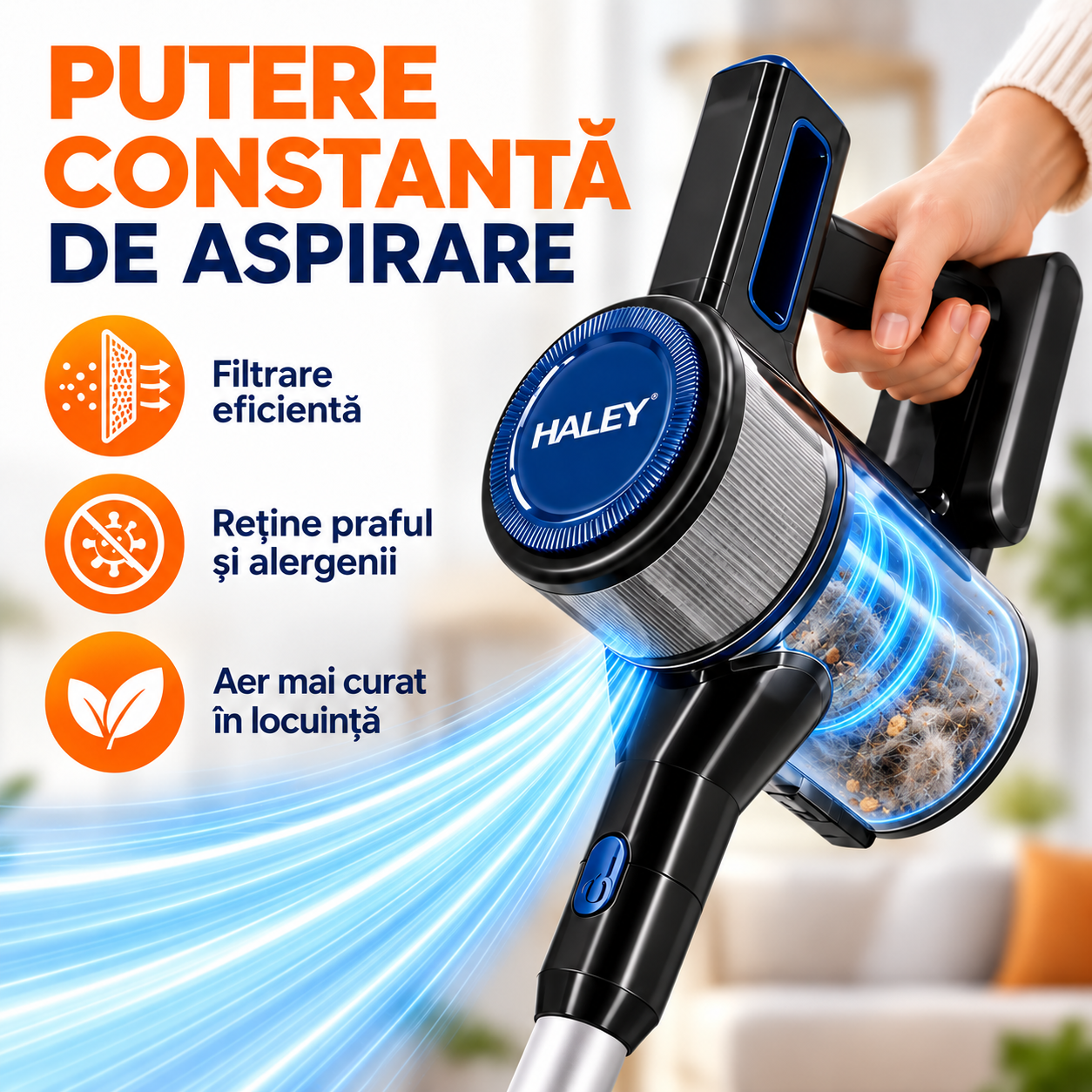 Aspirator Vertical Fără Fir 2 în 1 HALEY HY-3913, 300W, Acumulator Li-Ion 22.2V 2200mAh, Autonomie până la 35 min, Recipient 1L, Perie LED, Negru/Argintiu