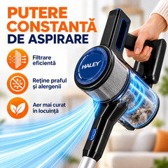 Aspirator Vertical Fără Fir 2 în 1 HALEY HY-3913, 300W, Acumulator Li-Ion 22.2V 2200mAh, Autonomie până la 35 min, Recipient 1L, Perie LED, Negru/Argintiu