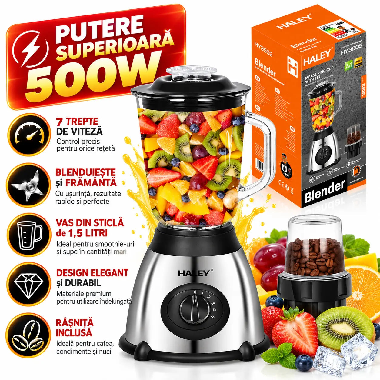 Blender Multifuncțional HALEY 1200W, Capacitate 1.5L, Motor Puternic, Design Compact și Versatil