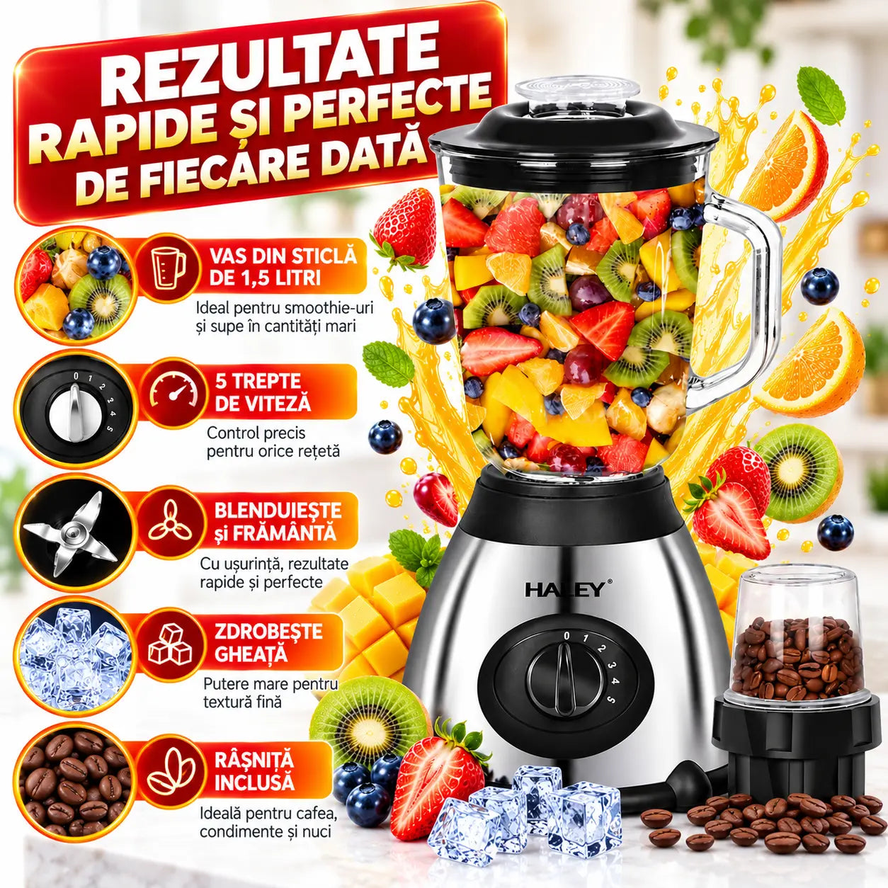 Blender Multifuncțional HALEY 1200W, Capacitate 1.5L, Motor Puternic, Design Compact și Versatil