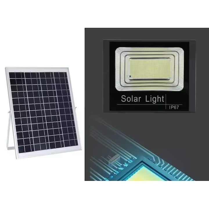 Proiector LED/Lampa solara de exterior AT PERFORMANCE®, Rezistent la Apa IP67, cu Panou Solar, 220 LED SMD, 100W, Senzor de lumina, Timer, cu Telecomanda, 2 moduri de iluminat, kit montaj inclus, Lumina Rece.