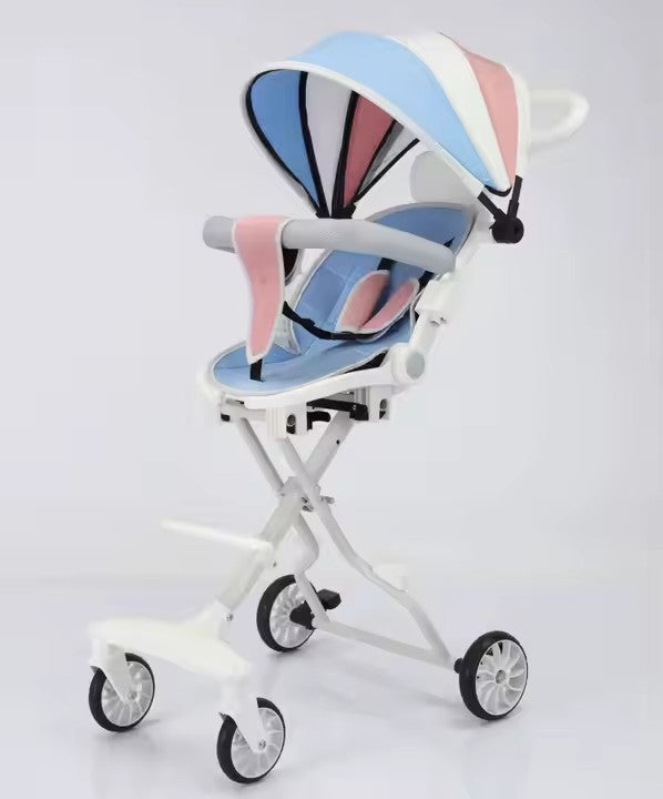 Cărucior Sport Bebe Pliabil cu Șezut Rotativ 360°, Spătar Reglabil, Coș de Cumpărături, Roți EVA și Frână – AT PERFORMANCE®, Alb/Albastru/Roz