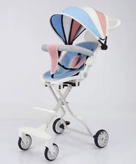 Cărucior Sport Bebe Pliabil cu Șezut Rotativ 360°, Spătar Reglabil, Coș de Cumpărături, Roți EVA și Frână – AT PERFORMANCE®, Alb/Albastru/Roz