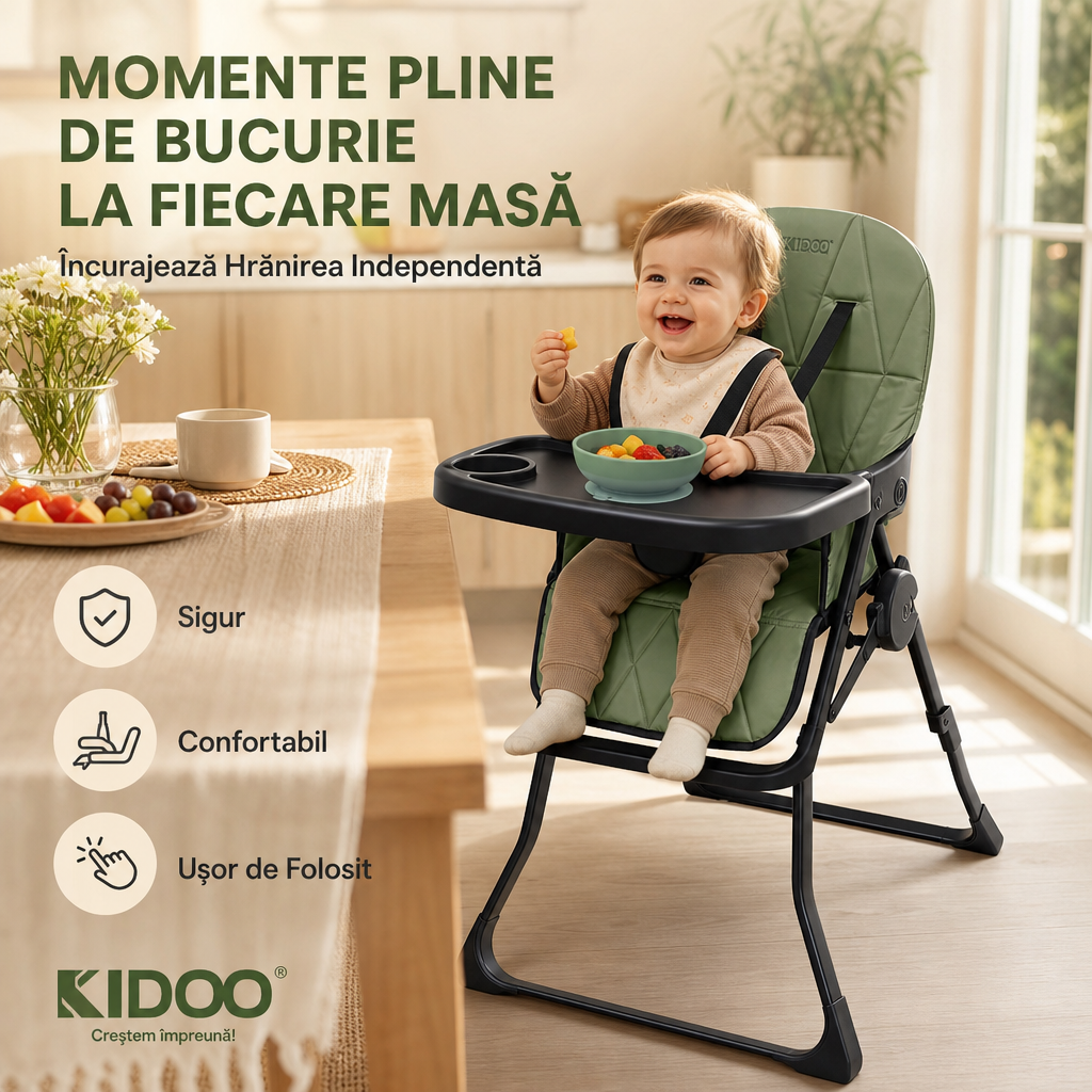Scaun de masă pliabil pentru bebeluși și copii KIDOO HCY021 – Compact, Metalic, 6–36 luni
