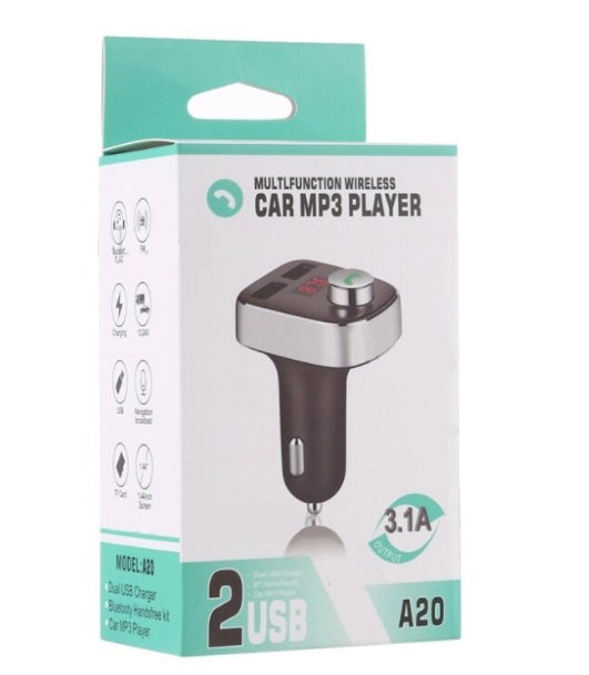 Modulator auto A20, Audio, mp3 player, dual USB, 3.1A, Bluetooth, FM, negru cu argintiu