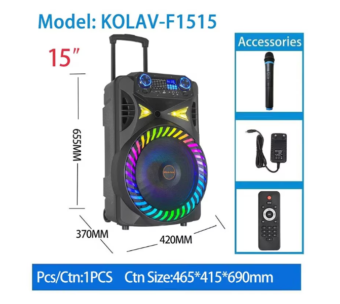 Boxa portabila 15 Inch, Bluetooth Kolav - F1515, Tip troler, USB, Radio FM, Microfon, Telecomanda, joc de lumin RGB, 300w, Maner Transport