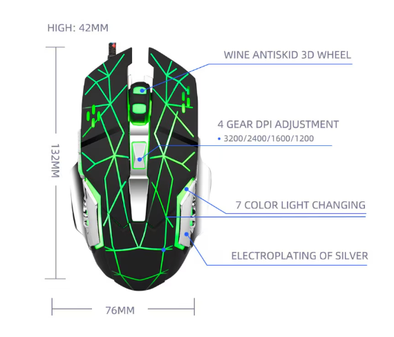 Mouse Gaming Weibo, Iluminare De Fundal RGB At Performance, Optic 7 D, Conexiune USB, 7 Butoane, comenzi de reglare DPI, Verde