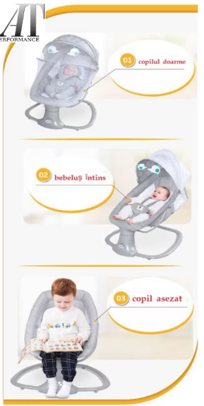 Leagan copii At Performance, Balansoar copii 3 in 1, Electric, cu Plasa Tantari, Perna Detasabila, Jucarii, USB, Bluetooth, Telecomanda, 0-3 ani