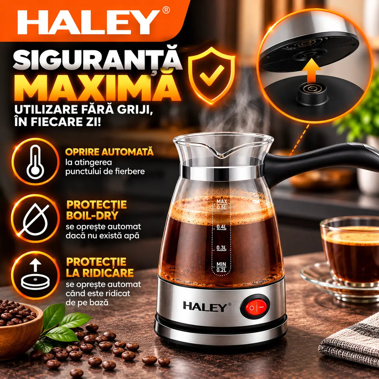 Ibric Electric HALEY® HY-8926, 600W, Capacitate 500 ml, Protecție Boil-Dry, Bază Rotativă 360°