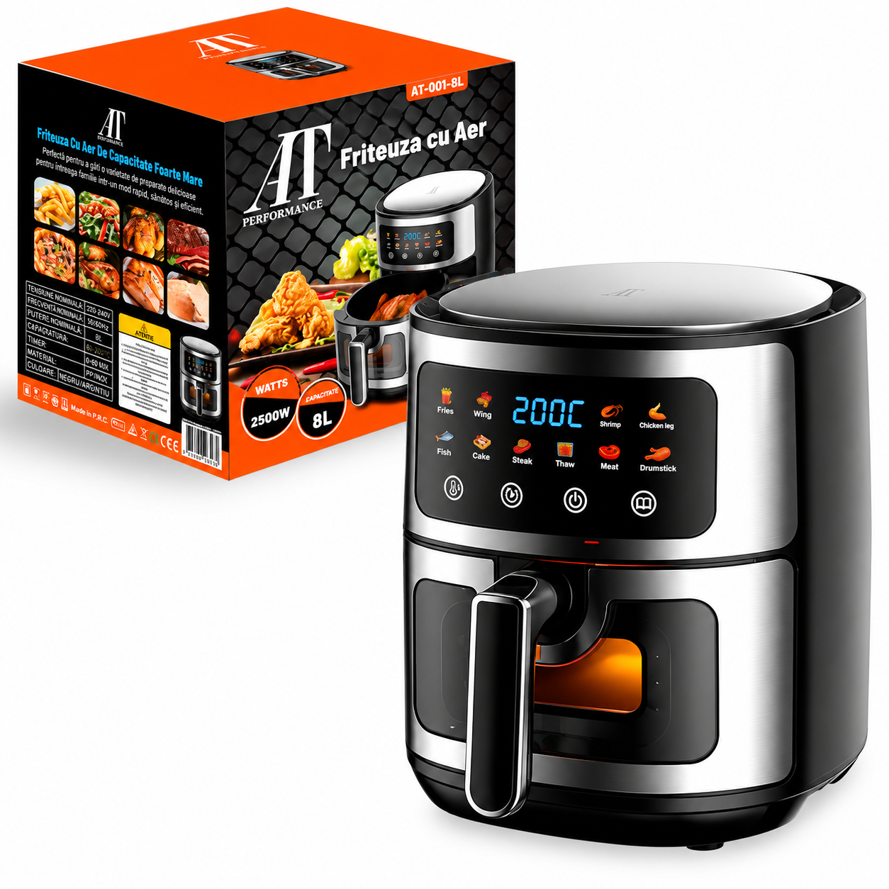 Friteuză cu Aer Cald AT PERFORMANCE® 8L, 10 Programe Smart, 2800W, Panou Tactil, Circulație 3D Aer Fierbinte, Teflon Non-Stick