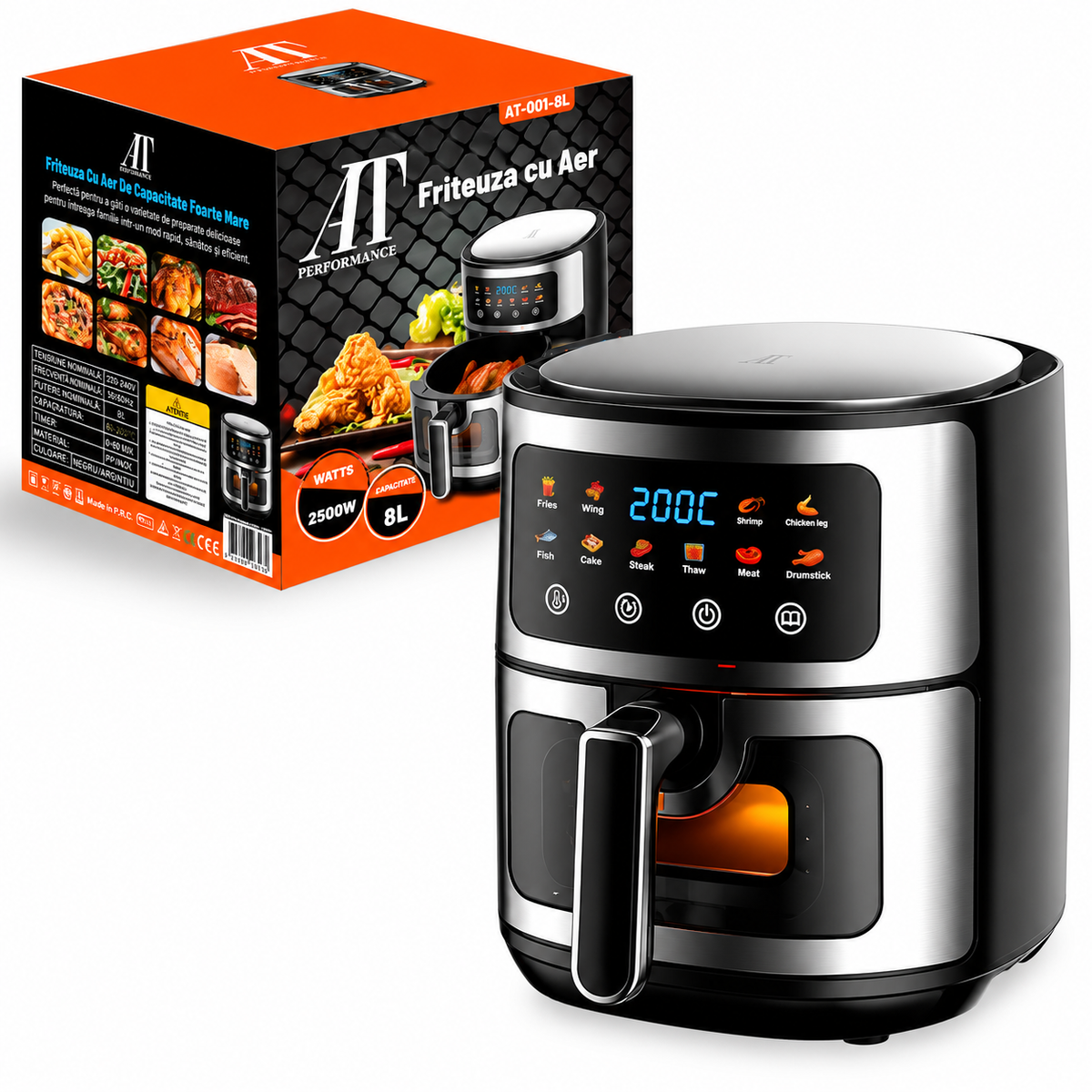 Friteuză cu Aer Cald AT PERFORMANCE® 8L, 10 Programe Smart, 2800W, Panou Tactil, Circulație 3D Aer Fierbinte, Teflon Non-Stick