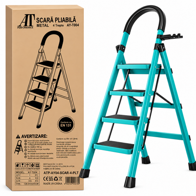 Scara Pliabila cu 4 Trepte Late, At Performance, Metalica, Maxim 150 Kg, Picioare Antialunecare