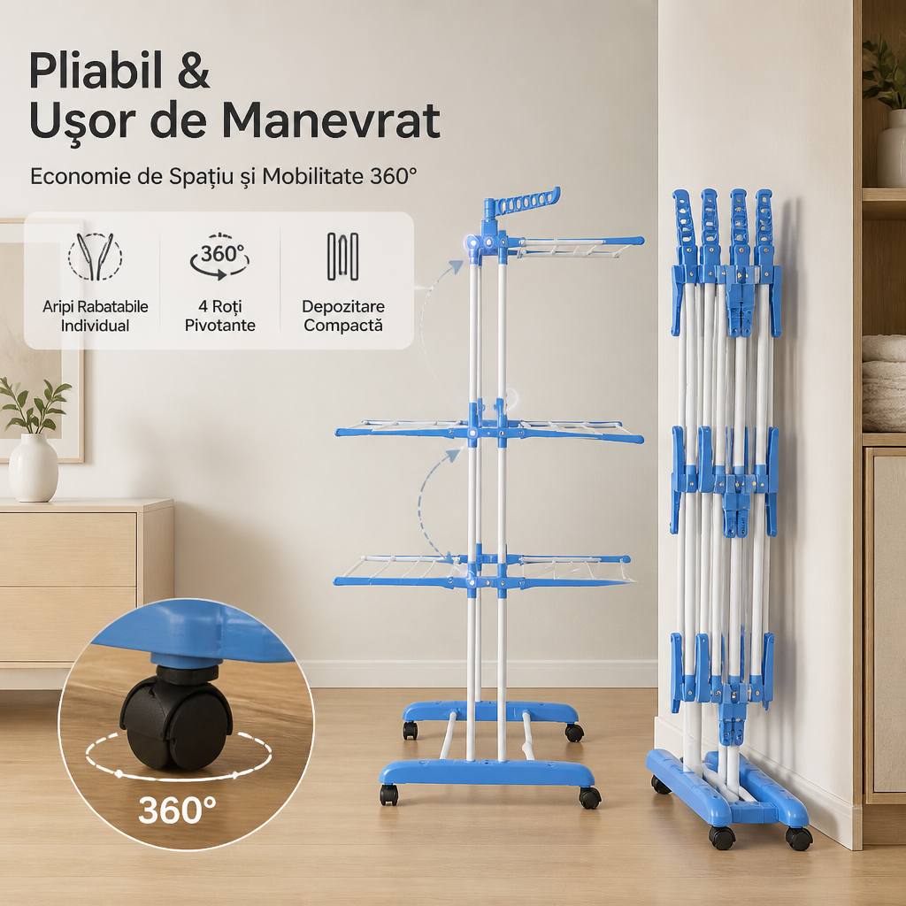 Uscător de Rufe Vertical Pliabil cu 3 Niveluri  Mai Mult Spațiu pentru Haine Dimensiuni 168 × 73–126 × 63 cm