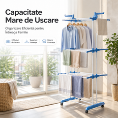 Uscător de Rufe Vertical Pliabil cu 3 Niveluri  Mai Mult Spațiu pentru Haine Dimensiuni 168 × 73–126 × 63 cm