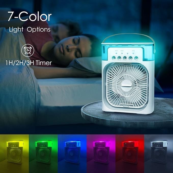 Mini Răcitor de Aer Portabil AT PERFORMANCE® – Ventilator Personal 4 în 1 cu Umidificator, LED 7 Culori, Timer și 3 Viteze, Alimentare USB