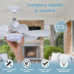 Ventilator de Tavan cu LED și Telecomandă E27, 6 Pale Pliabile, 3 Viteze, 3 Moduri de Iluminare, Bec Ventilator 2 în 1, Montaj Fără Cablare, Alb