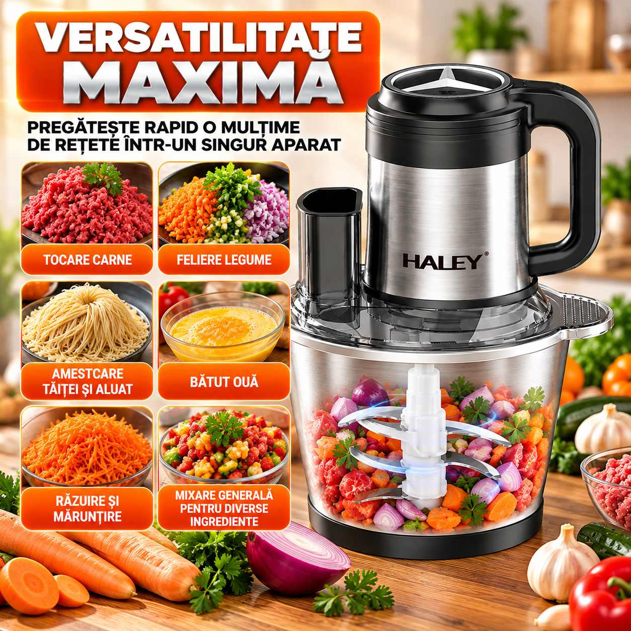 Tocător Electric Multifuncțional HALEY HY-1244 – Putere de 1200W și vas de 3.5L din inox pentru tocare rapidă și versatilă