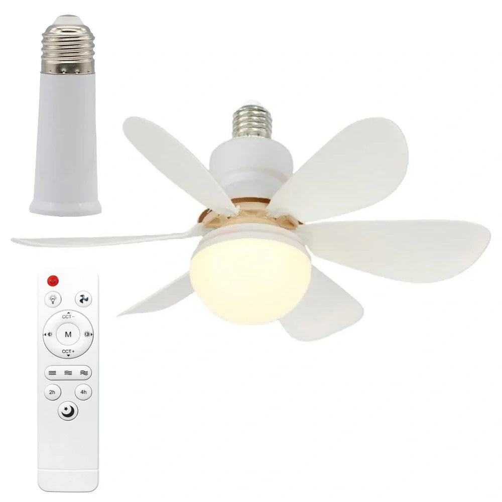 Ventilator de Tavan cu LED și Telecomandă E27, 6 Pale Pliabile, 3 Viteze, 3 Moduri de Iluminare, Bec Ventilator 2 în 1, Montaj Fără Cablare, Alb