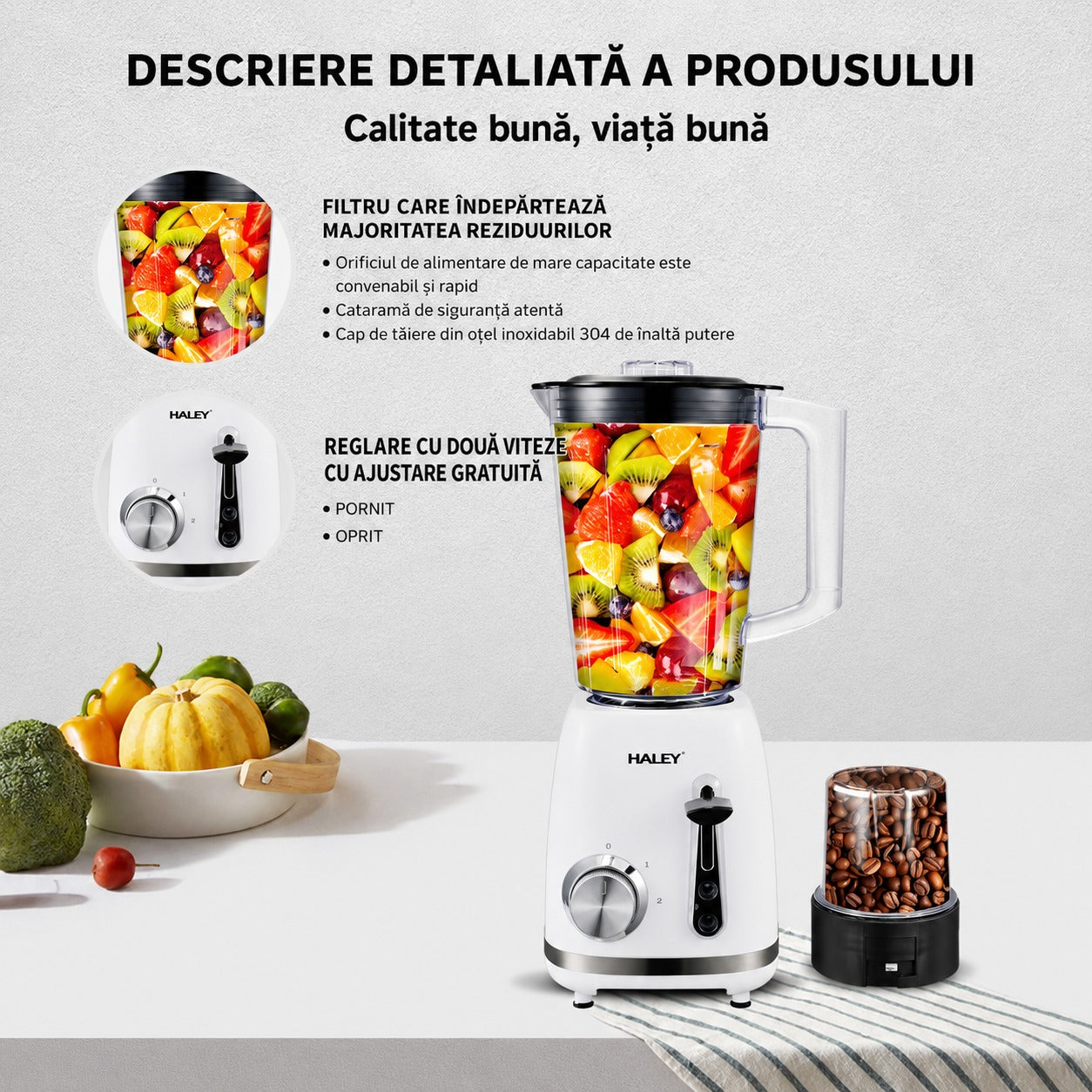 Blender Cu Funcție Pulse, 2 Viteze, Capacitate 1.5L, 500W, Lame Din Oțel Inoxidabil, Funcție De Zdrobire A Gheții Și Protecție La Supraîncălzire