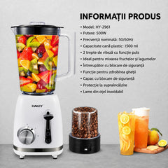 Blender Cu Funcție Pulse, 2 Viteze, Capacitate 1.5L, 500W, Lame Din Oțel Inoxidabil, Funcție De Zdrobire A Gheții Și Protecție La Supraîncălzire