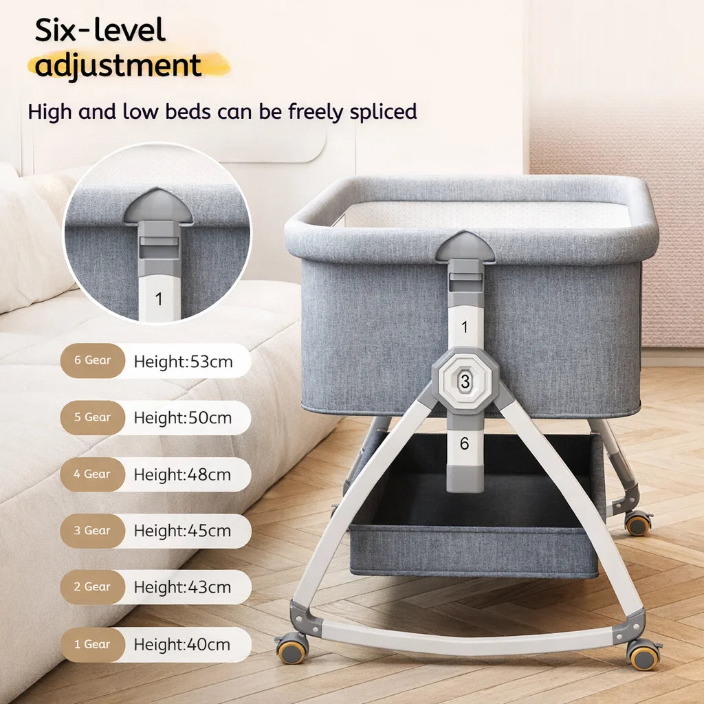 Pat portabil pentru bebeluși AT PERFORMANCE® 3 în 1 cu saltea confortabilă, înălțime reglabilă, roți și pliere ușoară – ideal pentru nou-născuți, gri