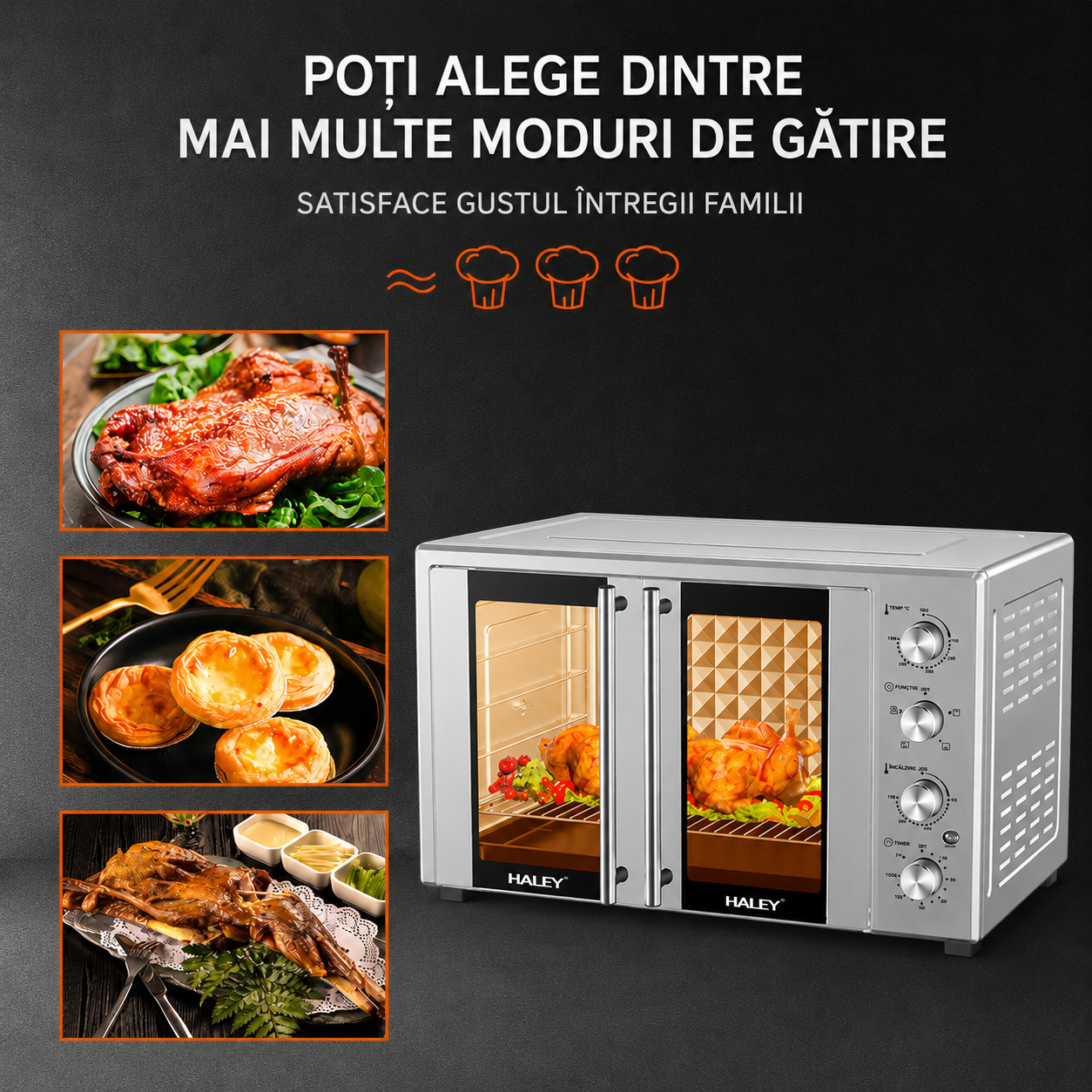 Cuptor electric HALEY HY-5132, 110L, 3600W, temperatură reglabilă până la 250°C, rotisor, timer 120 minute, tavă și grătar incluse