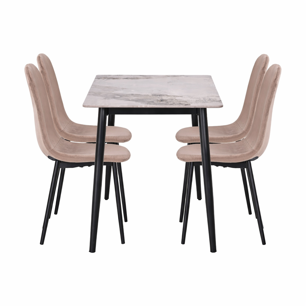 Set masă Bucatarie / Sufragerie cu 4 scaune, blat sintered stone gri și catifea, 120x70 cm