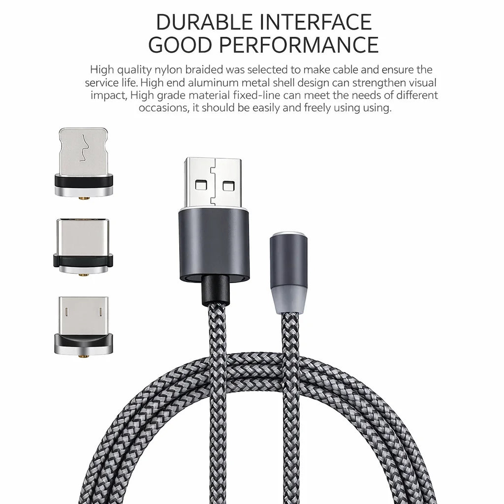 Cablu Magnetic 3 în 1 360° Metalic – Lightning / Micro USB / USB-C