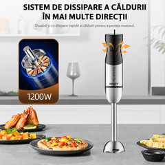Blender vertical de mână HALEY HY-1121, 1200W, 2 viteze, motor DC, lame din oțel inoxidabil, funcție anti-stropire